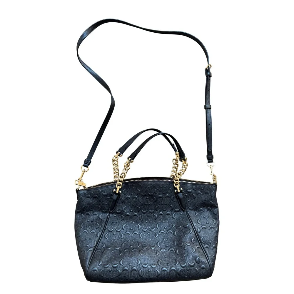 Coach Black Embossed Signature Leather Small Kelsey Satchel Gold Chain Detail - Picture 12 of 14